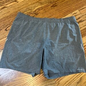 Eddie Bauer grey running shorts with a reflective stripe, pull on, size XL